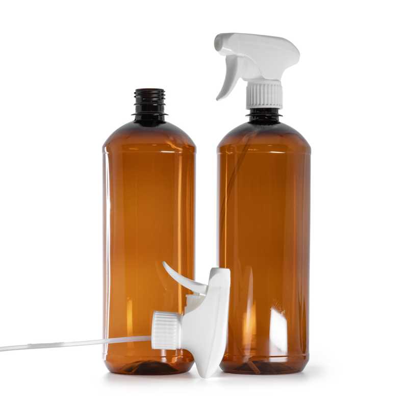 Braune Kunststoffflasche, weißer Zerstäuber mit Hebel, 1000 ml