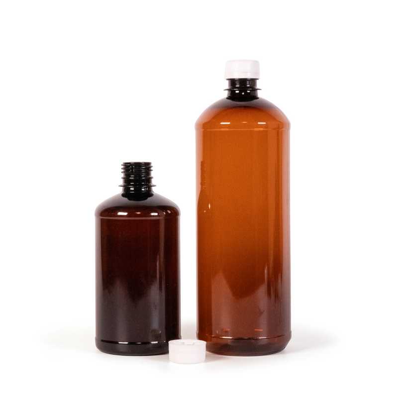 Braune Kunststoffflasche, weißer Verschluss, 1000 ml