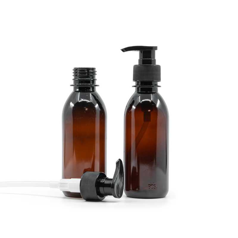 Braune Kunststoffflasche, schwarze gerippte Lotionpumpe, 200 ml