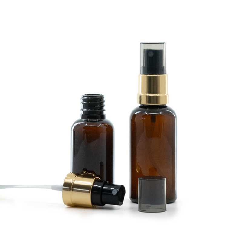 Kunststoffflasche Amber, Zerstäuber Schwarz-Gold, Rauchkappe, 30 ml