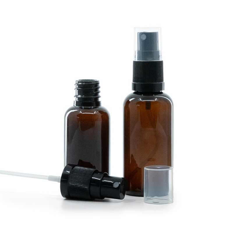 Bernsteinfarbene Plastikflasche, schwarzes Spray, 30 ml