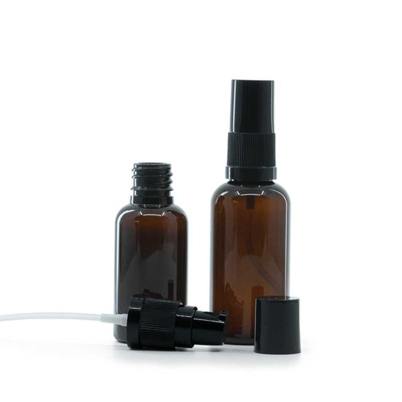 Bernsteinfarbene Kunststoffflasche, schwarze Lotion-Pumpe mit schwarzem Überkappe, 30 ml