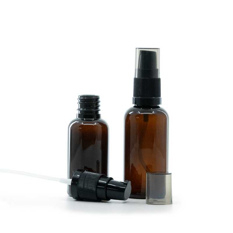 Kunststofffläschchen, braun, Cremespender mit rauchfarbener Überkappe, 30 ml