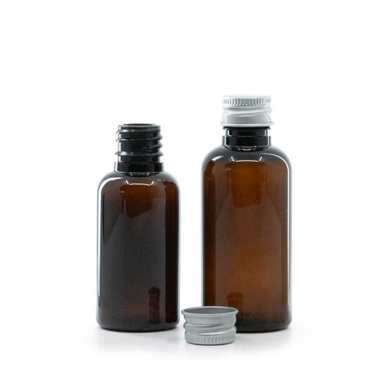 Bernsteinfarbene Kunststoffflasche, silberner Aluminiumverschluss, 30 ml