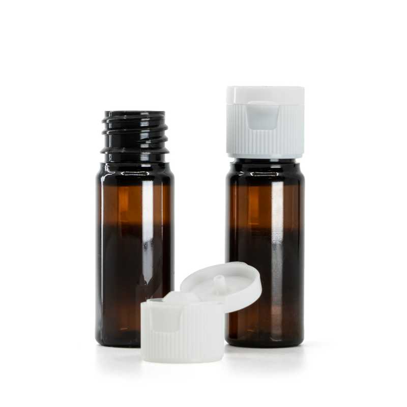 Bernsteinfarbene Kunststoffflasche, weißer Flip-Top-Verschluss, 18/410, 10 ml