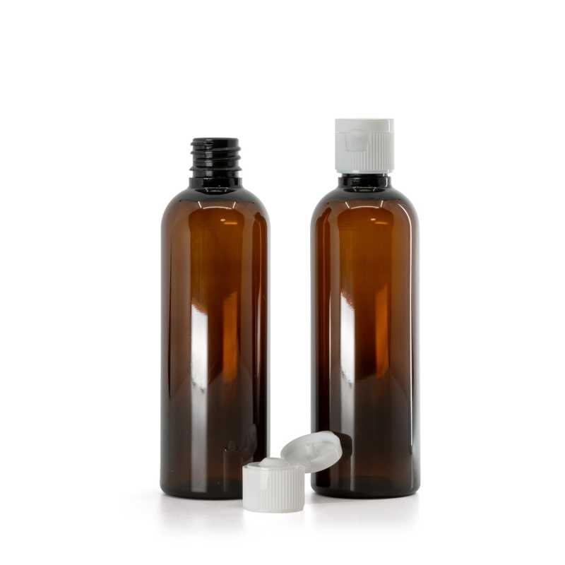 Bernsteinfarbene Kunststoffflasche, weißer Flip-Top-Verschluss, 18/410, 100 ml