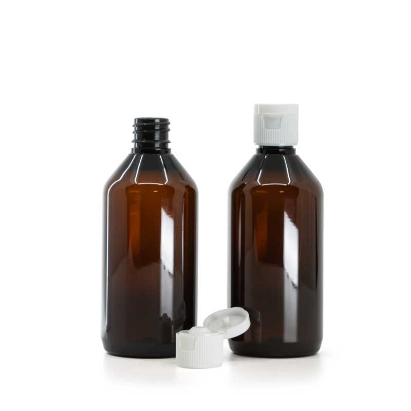 Bernsteinfarbene Kunststoffflasche, weißer Flip-Top-Verschluss, 18/410, 115 ml