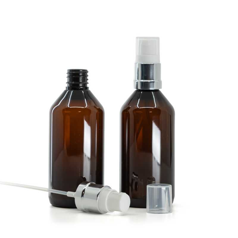 Bernsteinfarbene Kunststoffflasche, glänzende silberweiße Pumpe, 115 ml