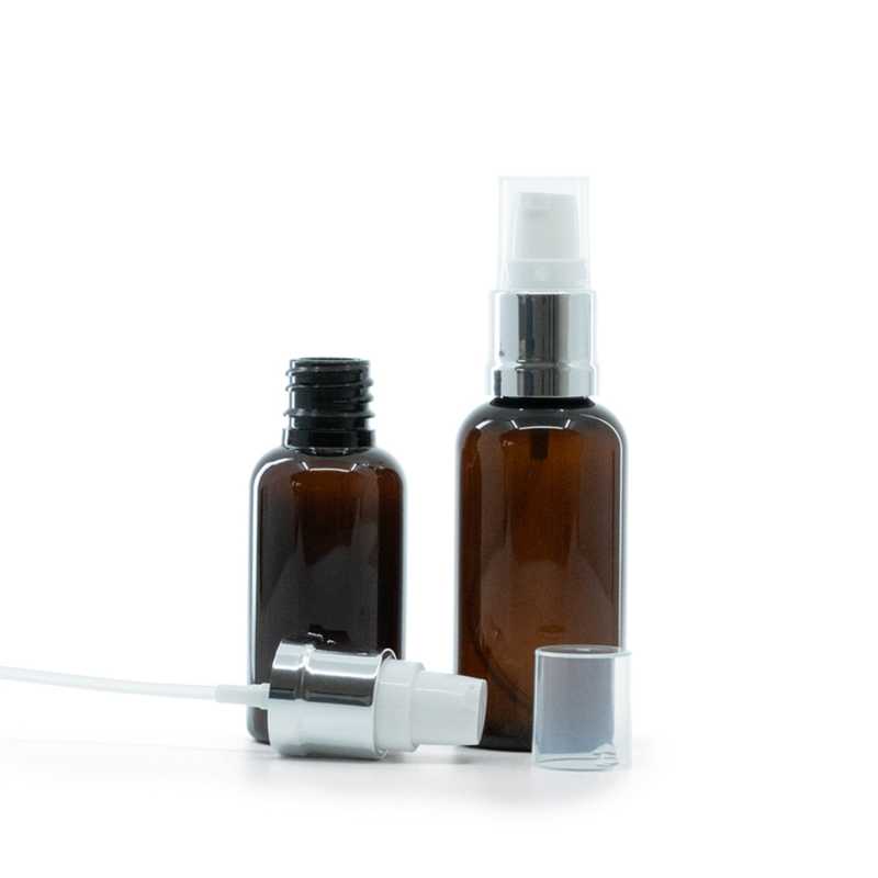 Ambre Plastikflasche, Glänzend Silber Weiß Pumpe, 30 ml