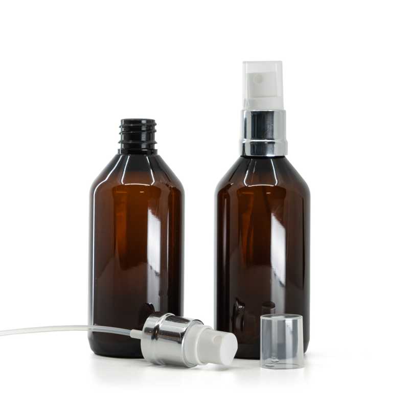 Bernsteinfarbene Kunststoffflasche, Silberweißes Spray, 115 ml