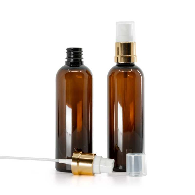 Bernsteinfarbene Plastikflasche, Goldweißes Spray, 100 ml