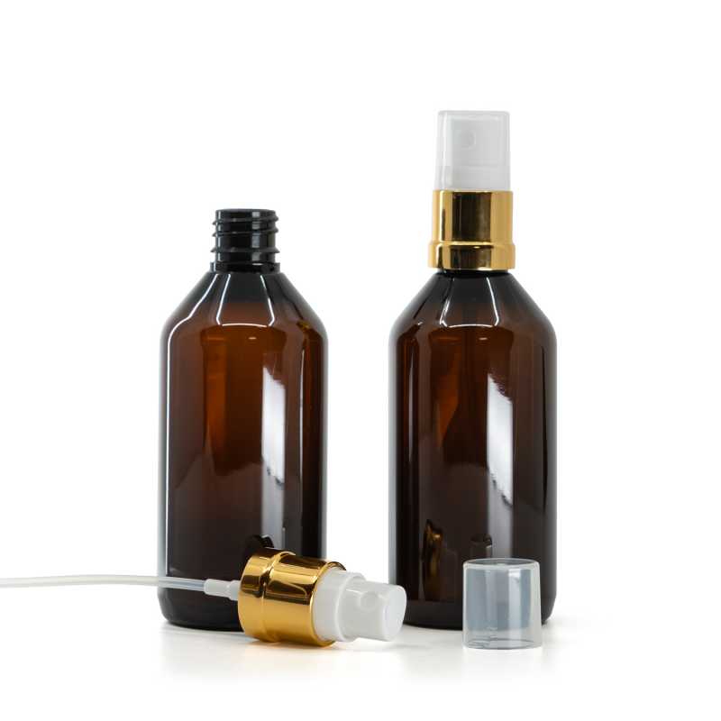 Bernsteinfarbene Plastikflasche, Goldweißes Spray, 115 ml