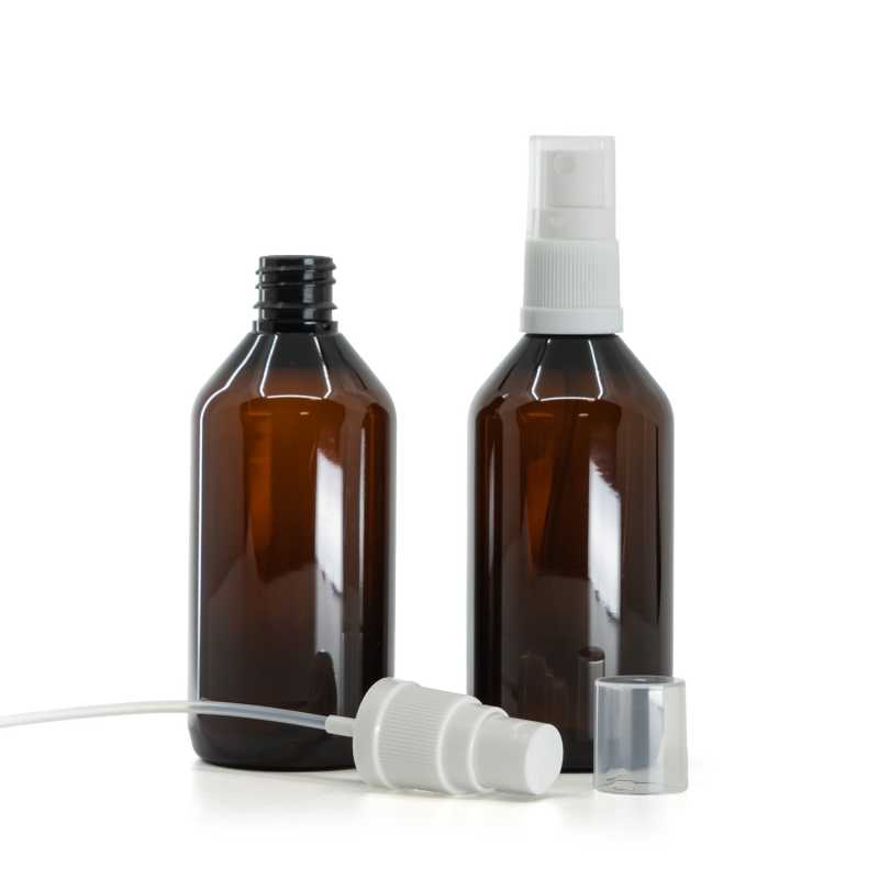 Bernsteinfarbene Kunststoffflasche, weißes Spray, 115 ml