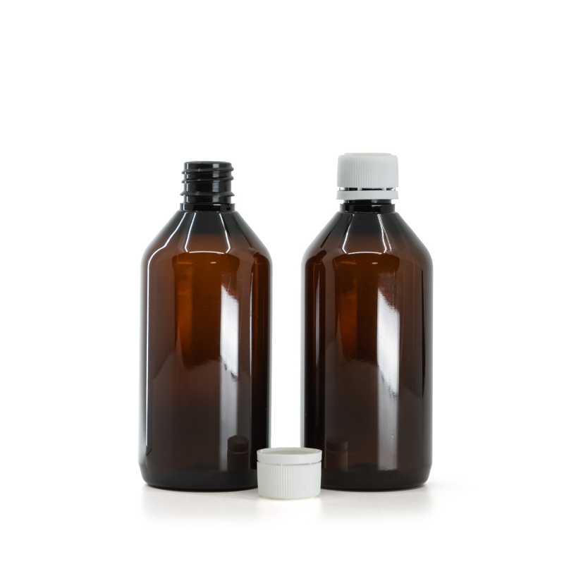 Bernsteinfarbene Kunststoffflasche, weißer Sicherheitsverschluss, 115 ml