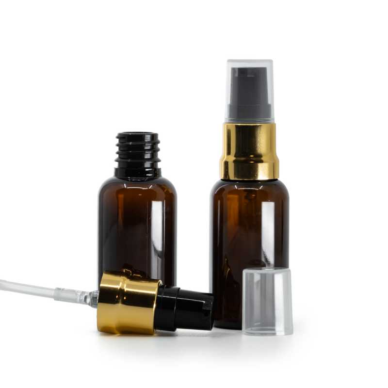 Bernsteinfarbene Kunststoffflasche, glänzende gold-schwarze Pumpe mit klarer Kappe, 30 ml