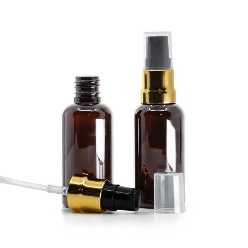 Bernsteinfarbene Kunststoffflasche, glänzende gold-schwarze Pumpe mit klarer Kappe, 50 ml