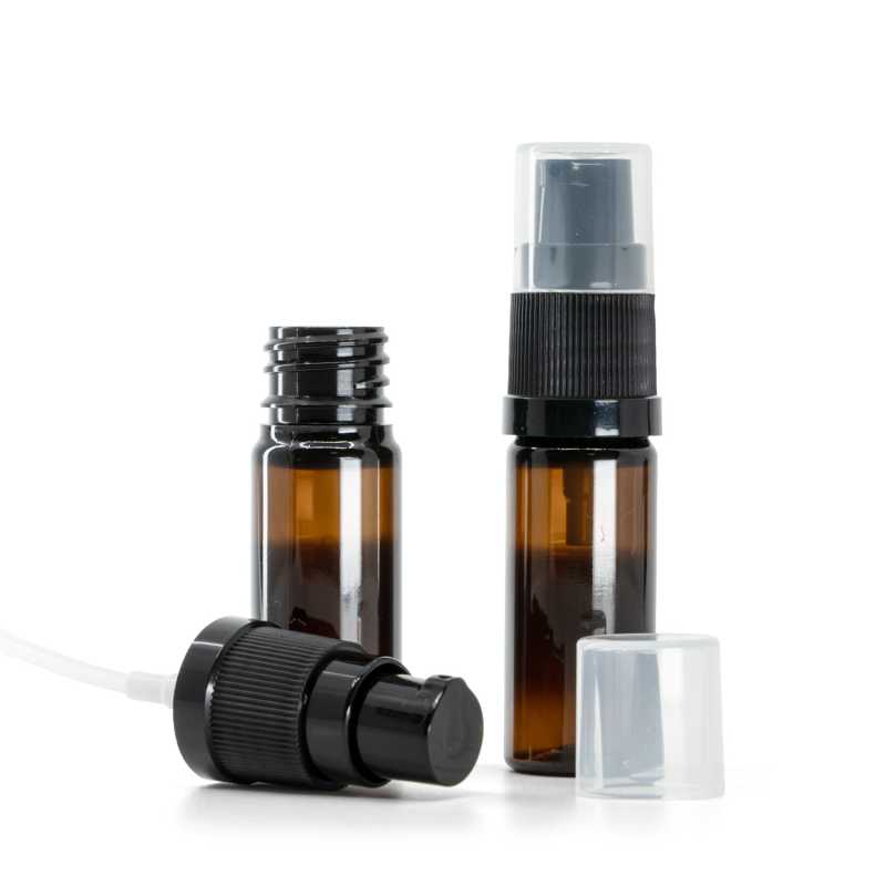 Bernsteinfarbene Kunststoffflasche, schwarze Lotionpumpe, 10 ml