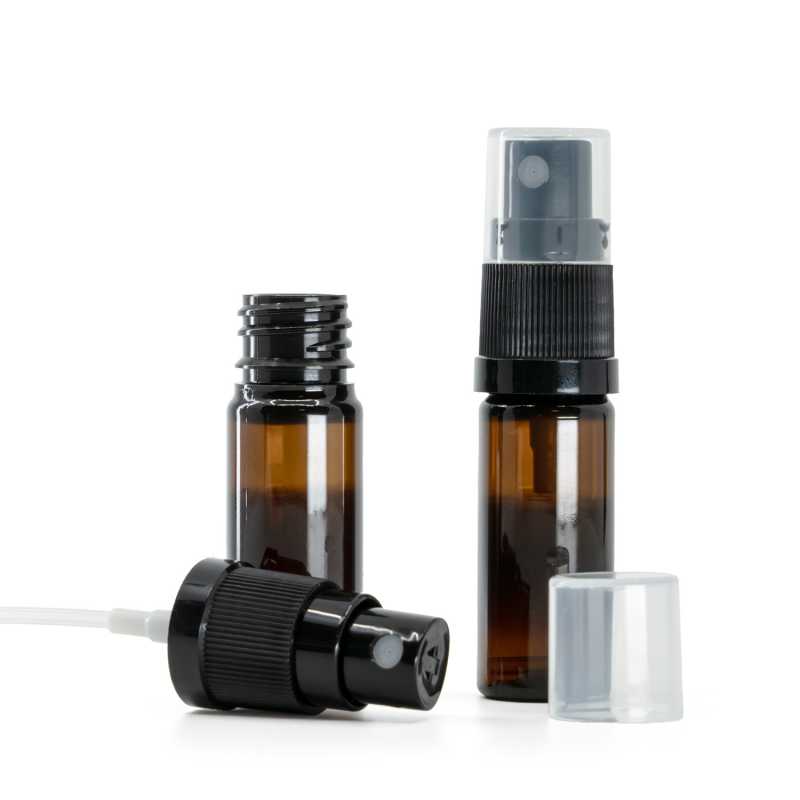 Bernsteinfarbene Plastikflasche, schwarzes Spray, 10 ml