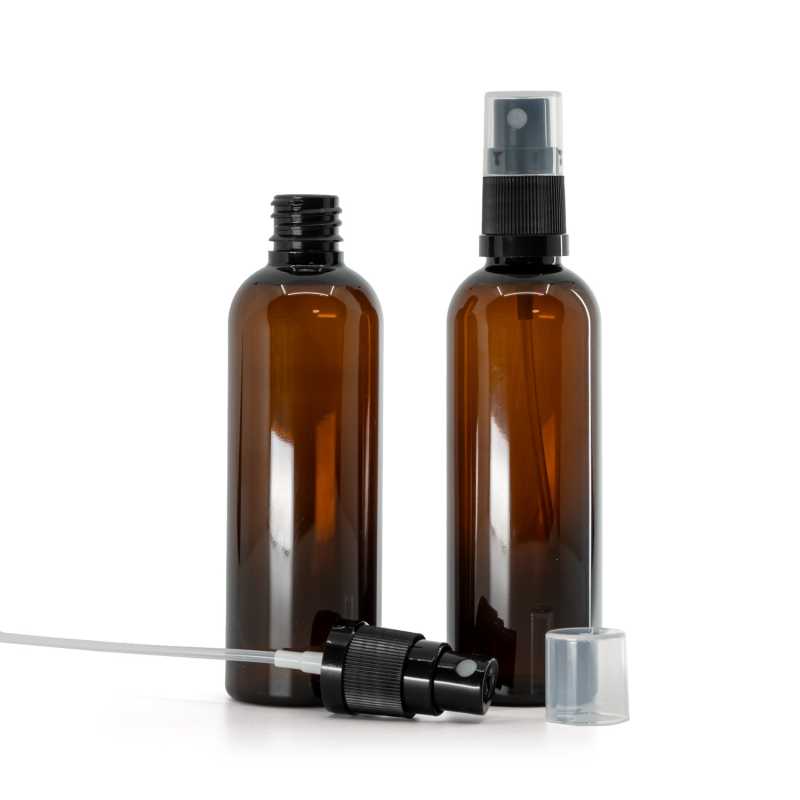 Bernsteinfarbene Kunststoffflasche, Feinnebelzerstäuber, schwarz, 18/415, 115 mm Schlauchlänge, 100 