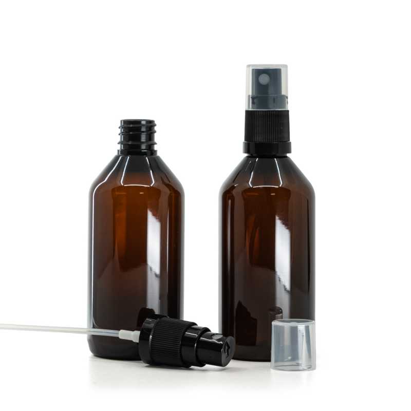 Bernsteinfarbene Kunststoffflasche, Feinnebelzerstäuber, schwarz, 18/415, 115 mm Schlauchlänge, 115 
