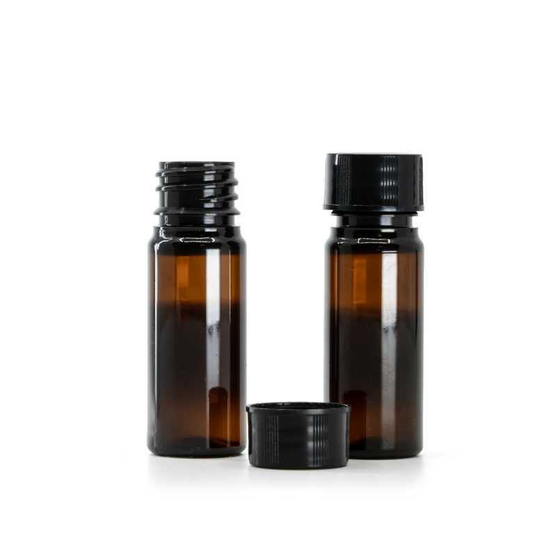 Bernsteinfarbene Kunststoffflasche, schwarzer Verschluss, 10 ml