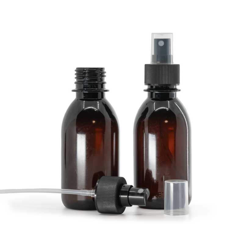Braune Kunststoffflasche, feiner Nebelzerstäuber, schwarz, gerippter Kragen, 28/410, 150 ml