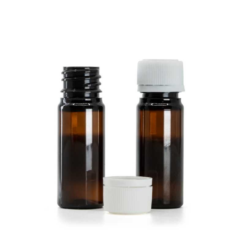 Bernsteinfarbene Kunststoffflasche, weißer Kunststoffverschluss mit Originalitätssicherung, gerippt,