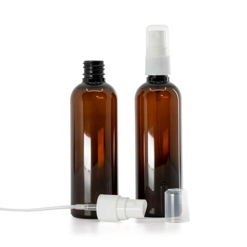 Bernsteinfarbene Kunststoffflasche, weiße Sprühpumpe für Kunststoffflasche, 100 ml