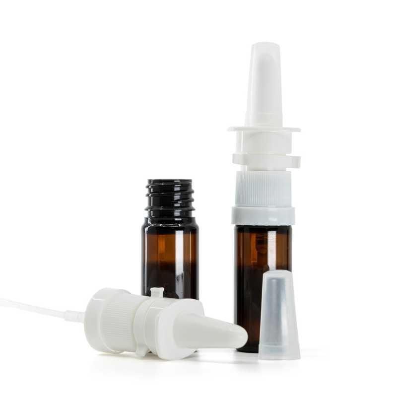 Bernsteinfarbene Kunststoffflasche, weißes Nasenspray, 10 ml