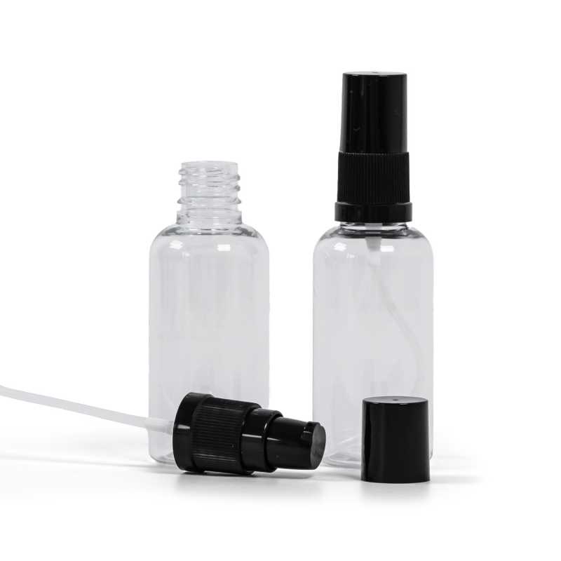 Klare Kunststoffflasche, schwarze Lotion-Pumpe mit schwarzem Überkappe, 50 ml