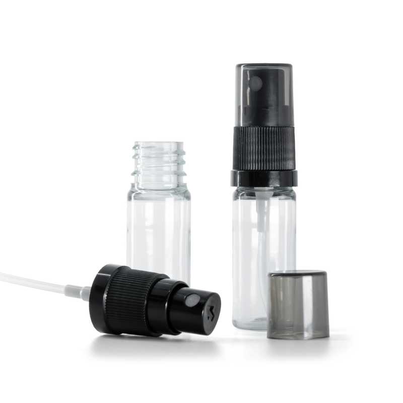 Kunststofffläschchen, transparent, schwarzer Sprühzerstäuber, rauchfarbene Überkappe, 10 ml