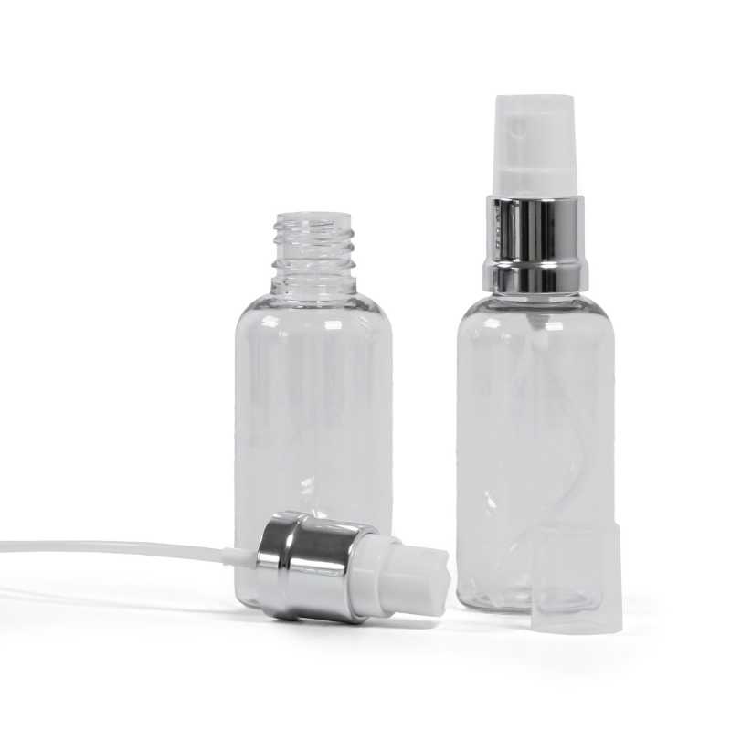 Klare Kunststoffflasche, silberweißes Spray, 50 ml
