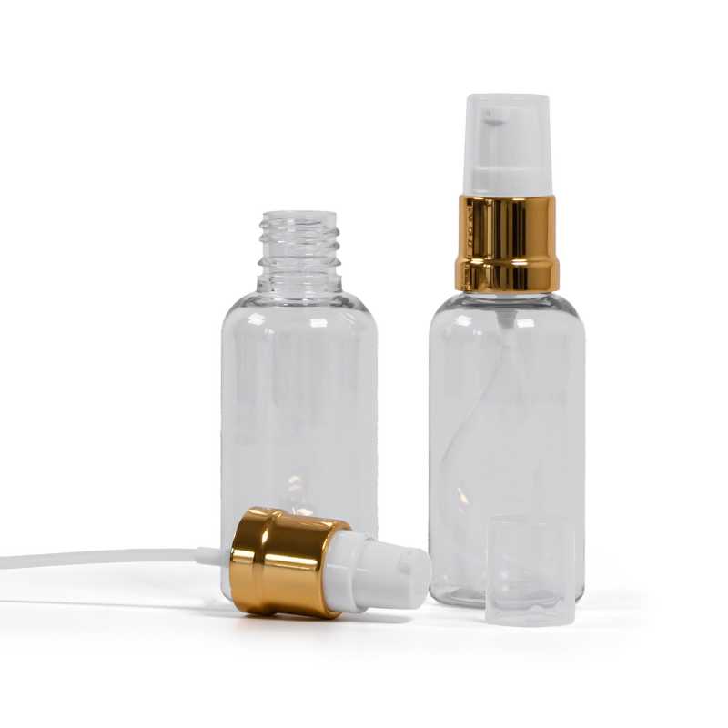 Klare Kunststoffflasche, glänzende goldweiße Pumpe, 50 ml