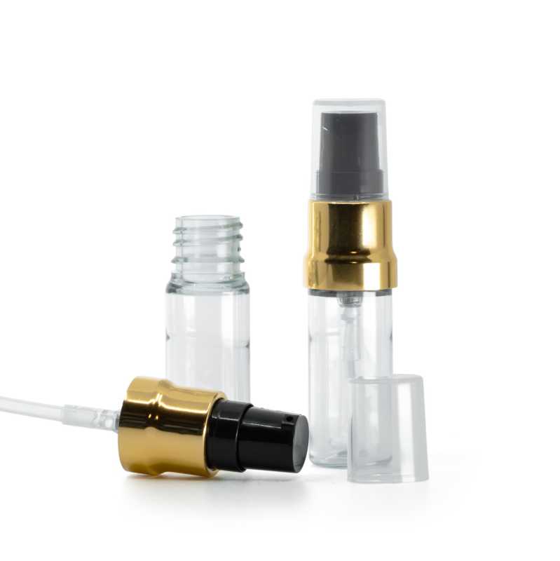 Klare Kunststoffflasche, glänzende gold-schwarze Pumpe mit klarer Kappe, 10 ml