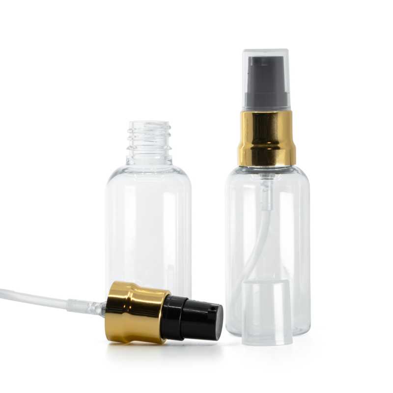 Klare Kunststoffflasche, glänzende gold-schwarze Pumpe mit klarer Kappe, 50 ml