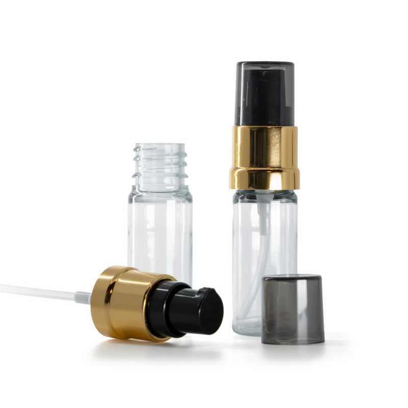 Kunststofffläschchen, transparent, glänzende schwarz-goldene Pumpe mit rauchfarbener Überkappe, 10 m