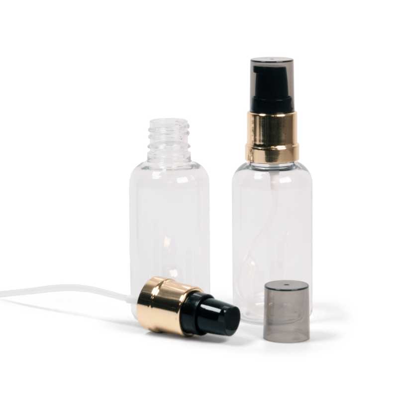 Kunststofffläschchen, transparent, glänzende schwarz-goldene Pumpe mit rauchfarbener Überkappe, 50 m