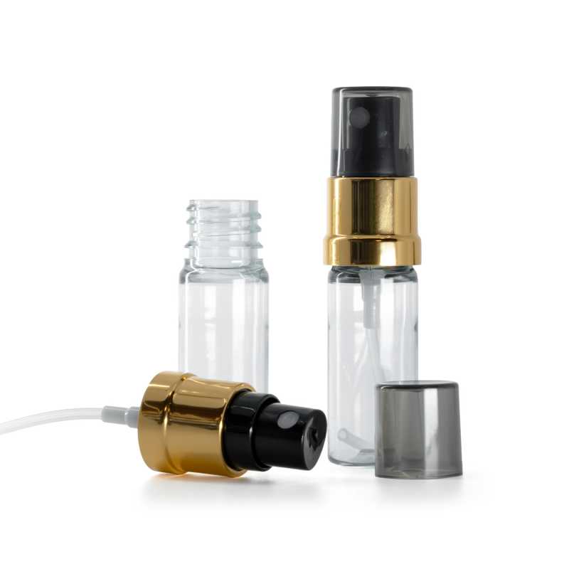Transparente Kunststofffläschchen, schwarz-goldener Sprühzerstäuber, rauchfarbene Überkappe, 10 ml