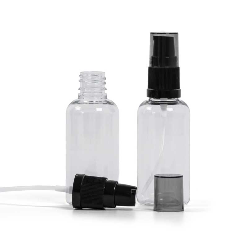 Kunststofffläschchen, transparent, schwarzer Cremespender mit rauchfarbener Überkappe, 50 ml
