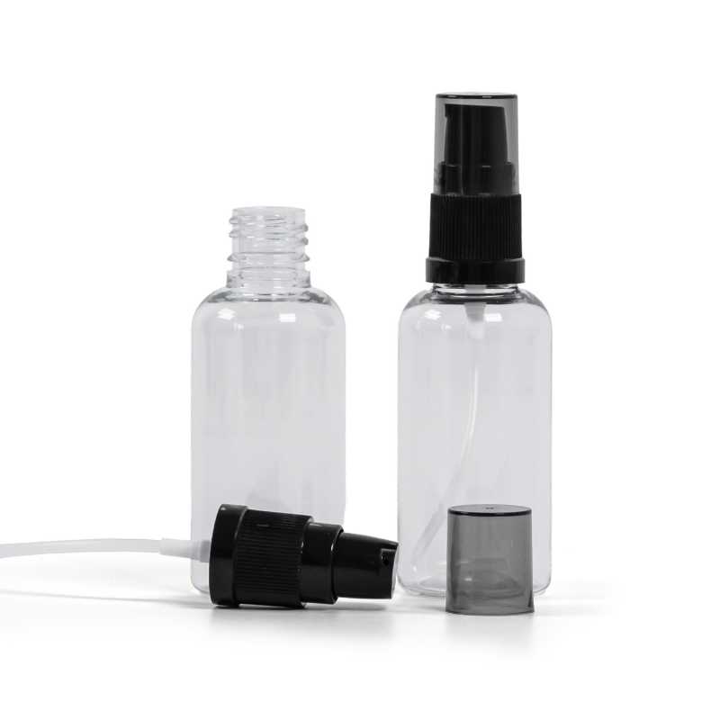 Klare Kunststoffflasche, schwarze Lotion-Pumpe mit rauchfarbenem Überkappen, 50 ml