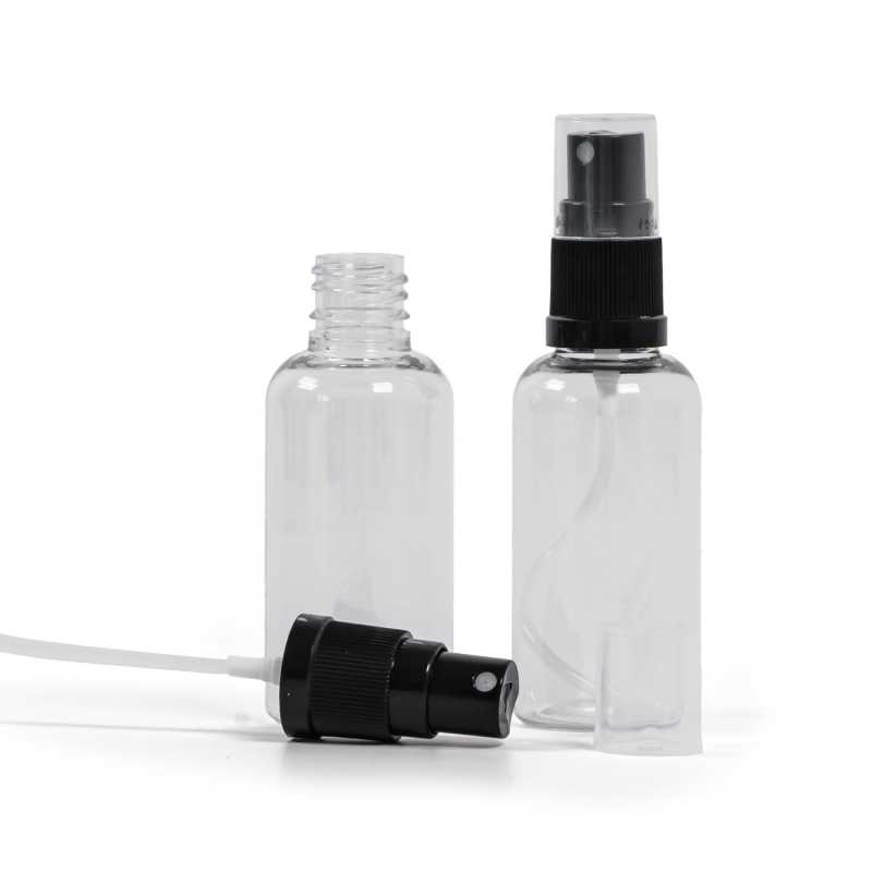 Klare Plastikflasche, schwarzes Spray, 50 ml