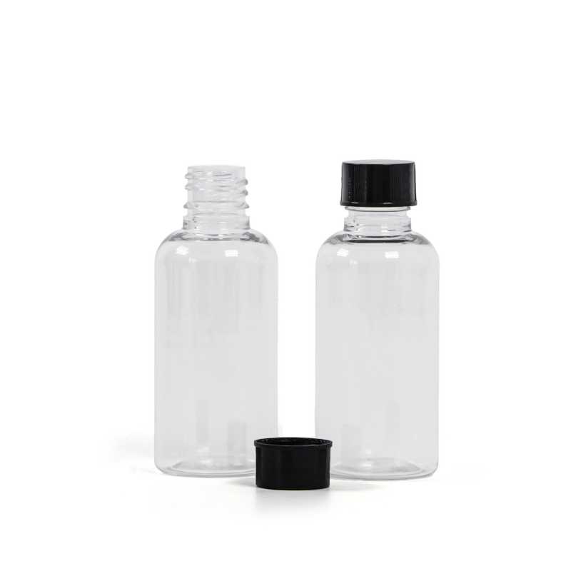 Klare Kunststoffflasche, schwarzer Deckel, 50 ml