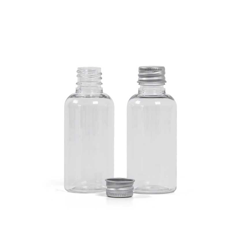 Kunststoffflakon, transparent, Aluminiumverschluss silber, 50 ml