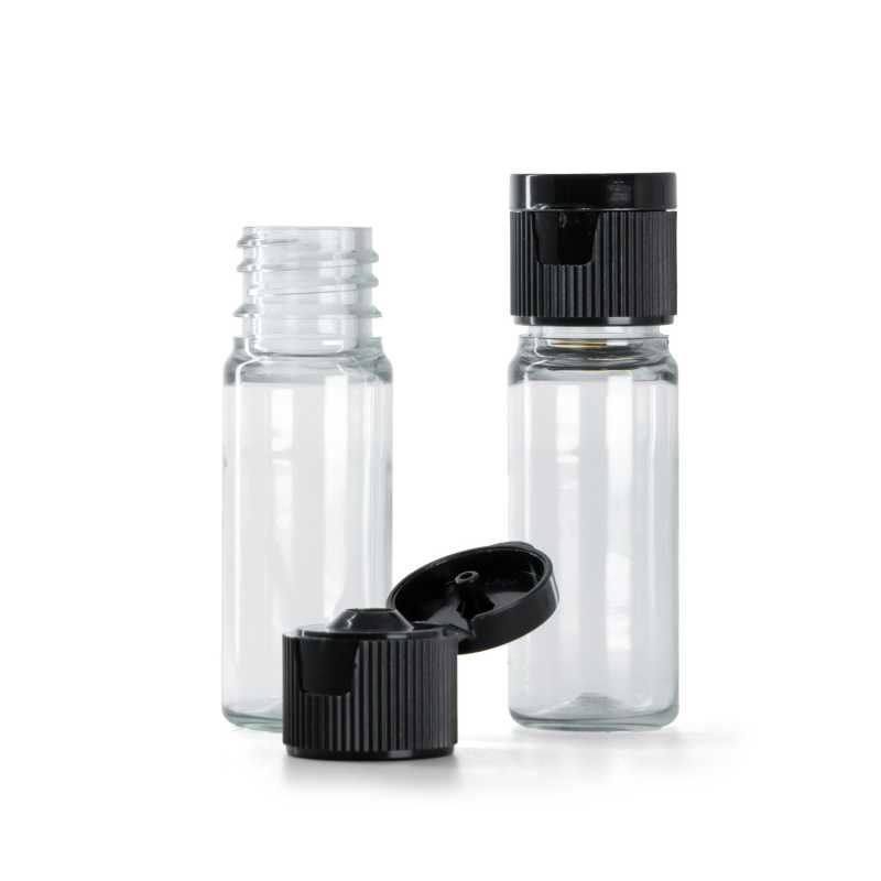 Klare Kunststoffflasche, schwarzer Kunststoff-Flip-Top-Verschluss, 18/410, 10 ml