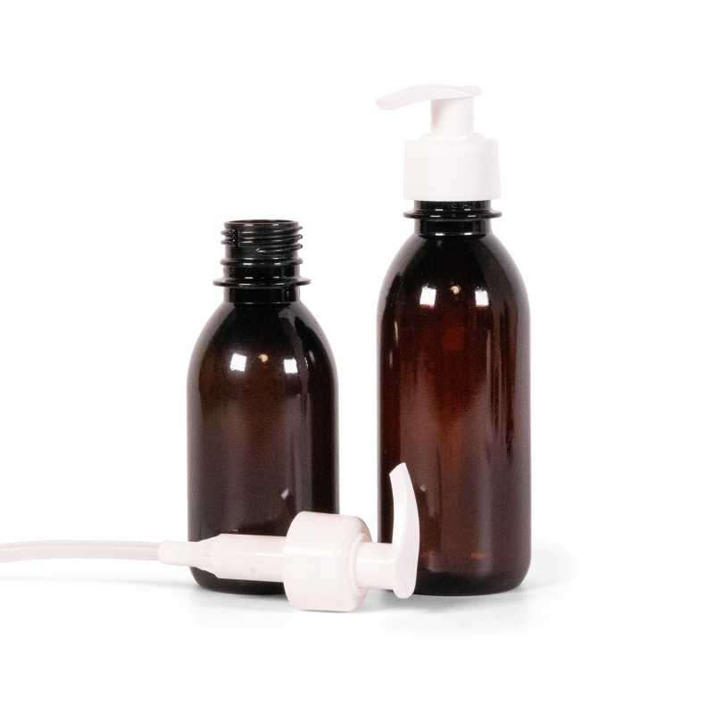 Braune Kunststoffflasche, weiße Pumpe, 200 ml