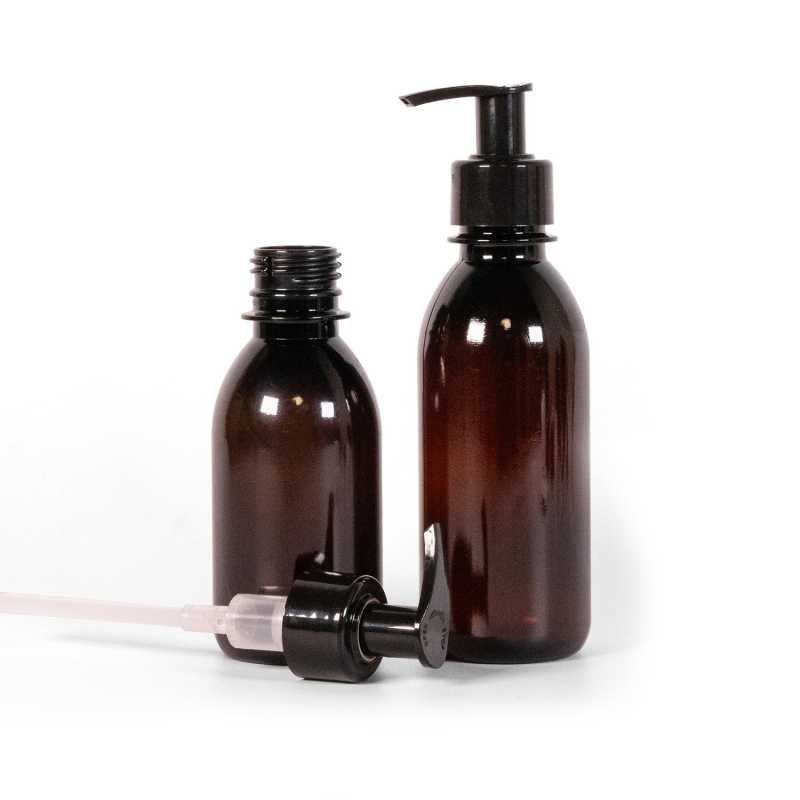 Braune Kunststoffflasche, schwarze Pumpe, 200 ml