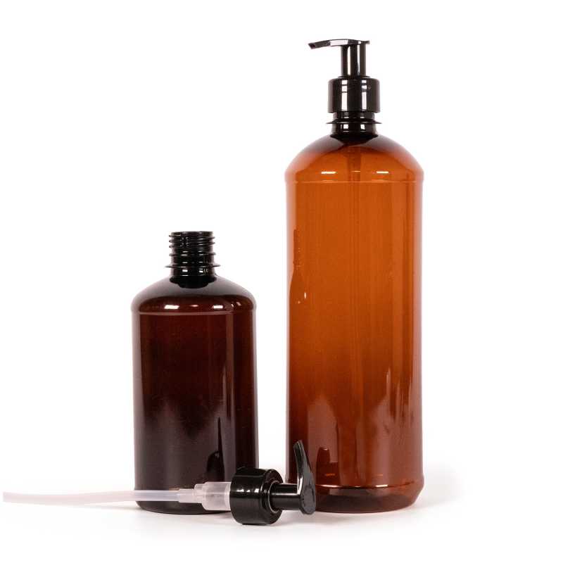 Braune Kunststoffflasche, schwarze Pumpe, 500 ml