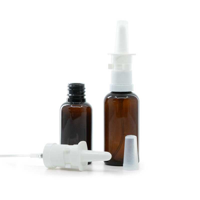 Bernsteinfarbene Kunststoffflasche, weißes Nasenspray, 50 ml