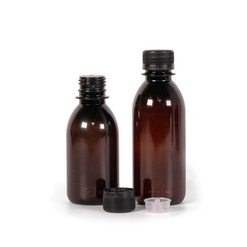 Braune Kunststoffflasche, schwarzer Originalitätsverschluss und Tropfer, 200 ml