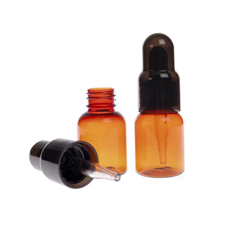 Bernsteinfarbene PET-Kunststoffflasche mit Tropfer und schwarzem Überkappen, 25 ml